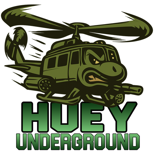 Huey Underground emblem: a gunship Huey with a snarling face, over the words Huey Underground.