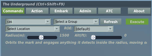 Cas command with location, ROE dropdown, radius and altitude sliders.
