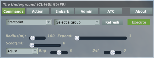 Fire-at-point in Adjust mode with centered range and deflection correction sliders.