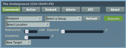 Fire-at-point in New Target mode with radius, expend and scoot sliders.