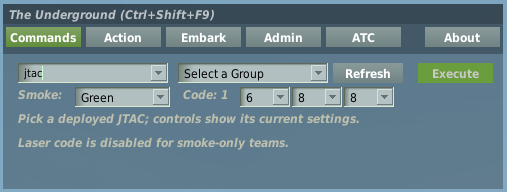 JTAC command with smoke color and three laser code digit dropdowns.