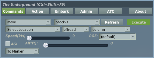 Move command in To Marker mode: location, terrain and formation dropdowns, speed and altitude sliders.