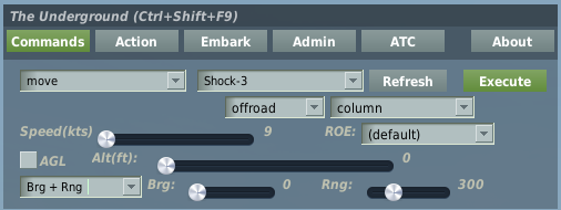 Move command in Bearing plus Range mode, with bearing and range sliders replacing the location list.